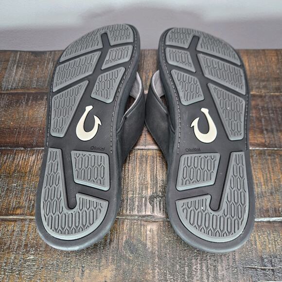OluKai Tuahine Mens Size 12 Beach Flip Flops Sandals Leather Black - Picture 9 of 11